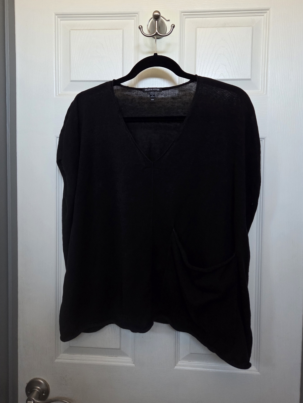 Eileen Fisher Black V-Neck Boxy Organic Linen Cotton Short Sleeve Pocket Top Med - Picture 2 of 8